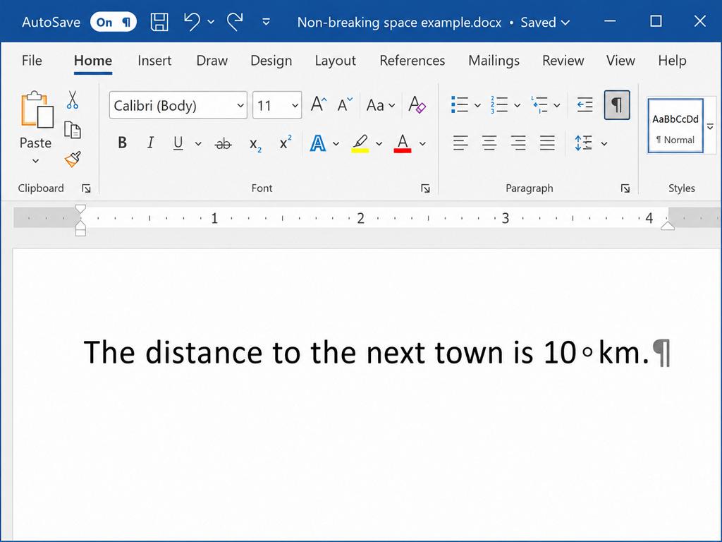 A non-breaking space shown as a small circle in Word's formatting marks